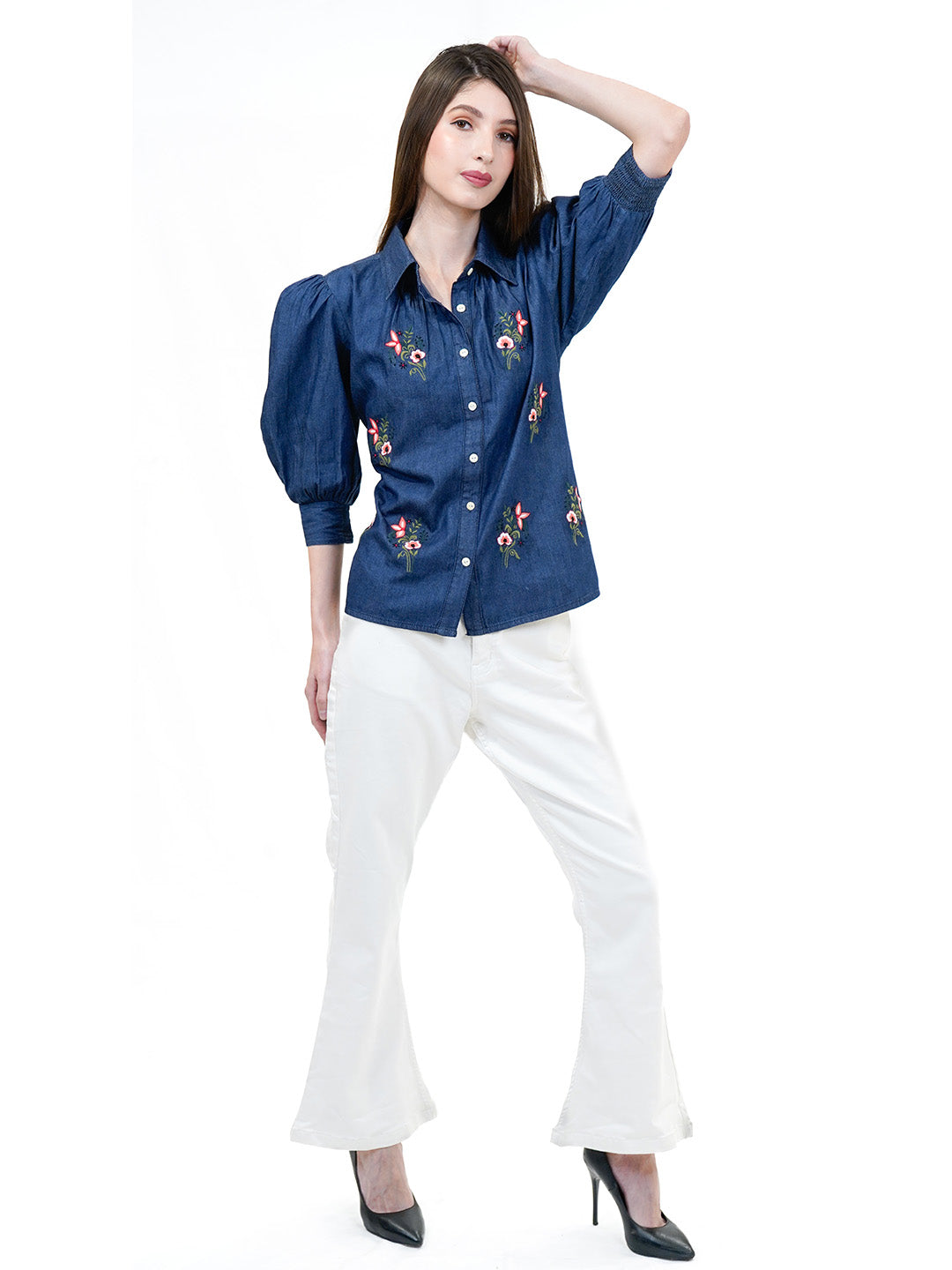 Blue Embroidered Denim Shirt With Cuff Sleeves - Cosmic Trio