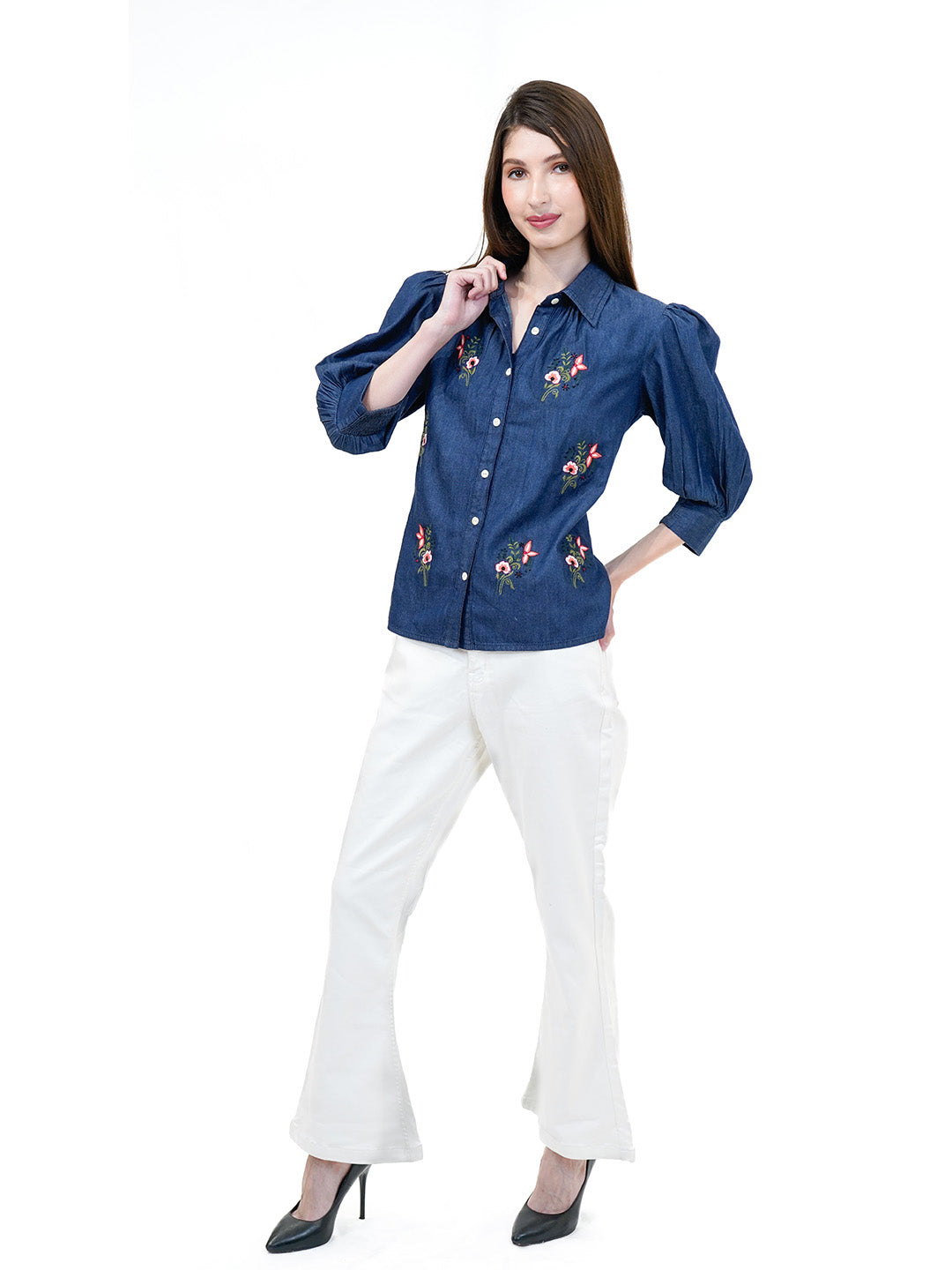 Blue Embroidered Denim Shirt With Cuff Sleeves - Cosmic Trio