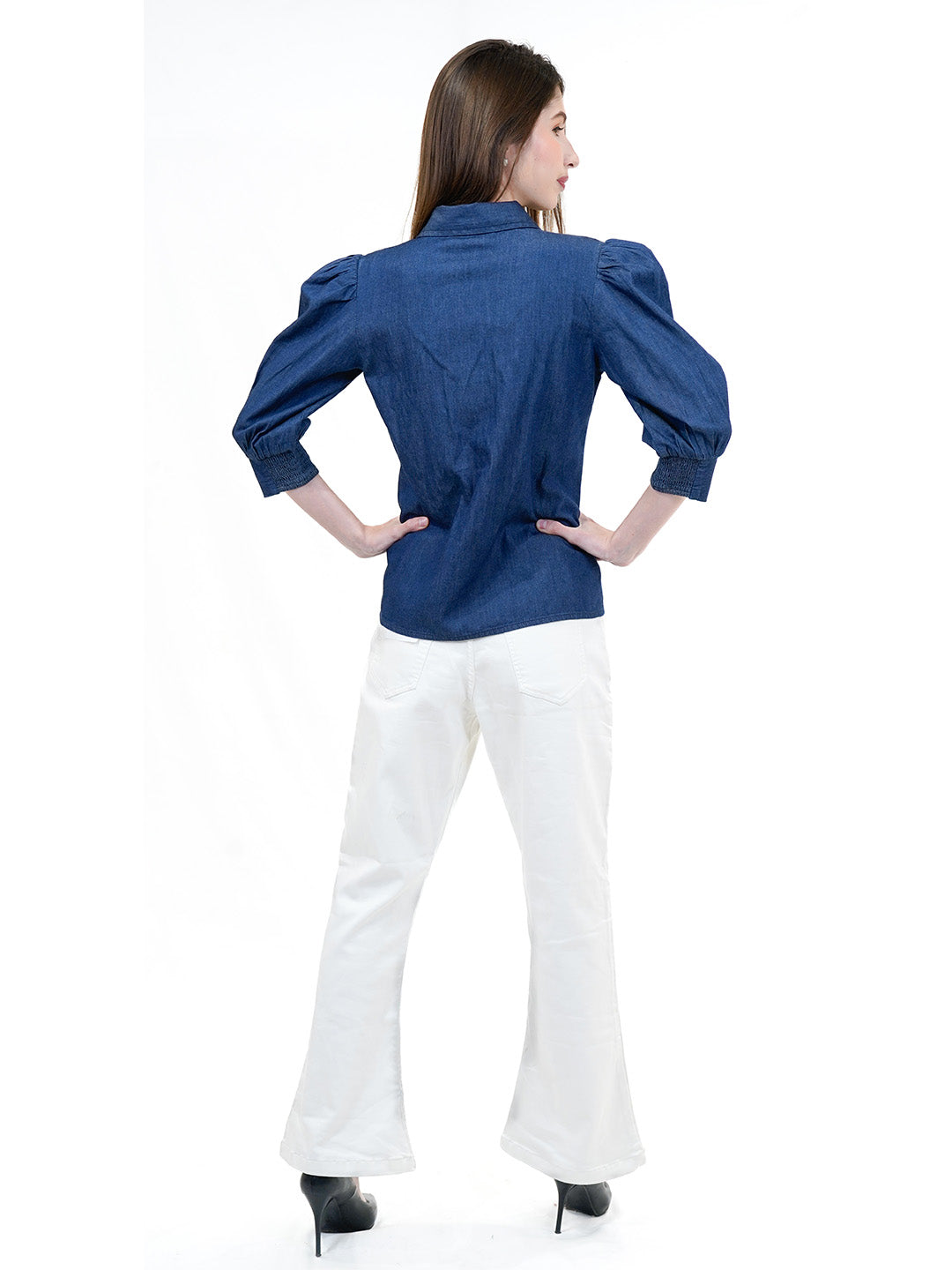 Blue Embroidered Denim Shirt With Cuff Sleeves - Cosmic Trio