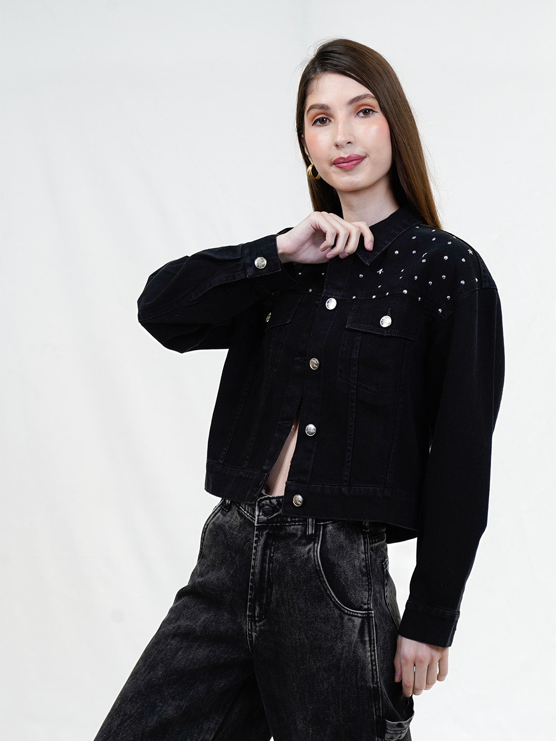 Black Denim Studded Trucker Jacket - Cosmic Trio