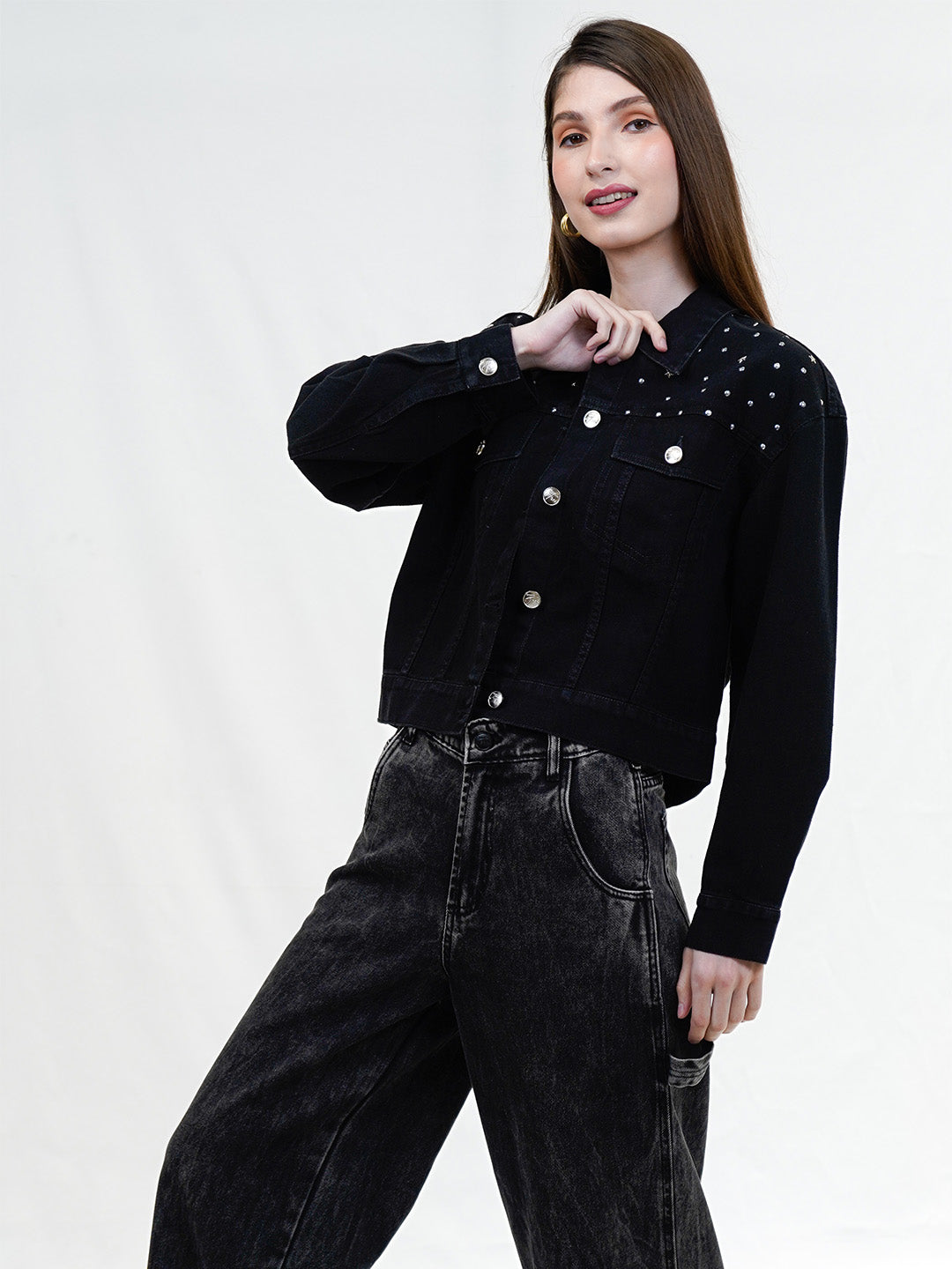 Black Denim Studded Trucker Jacket - Cosmic Trio