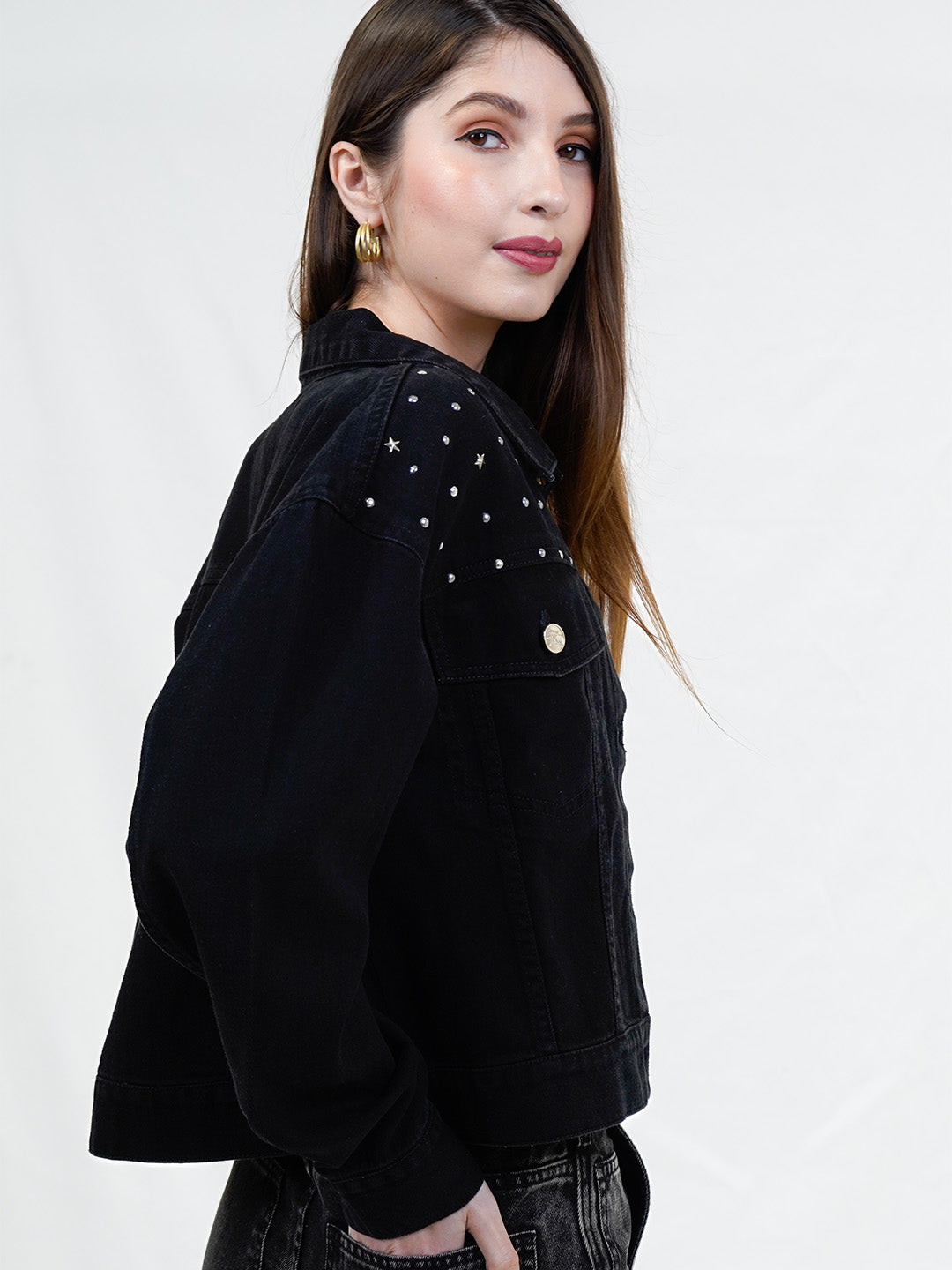 Black Denim Studded Trucker Jacket - Cosmic Trio