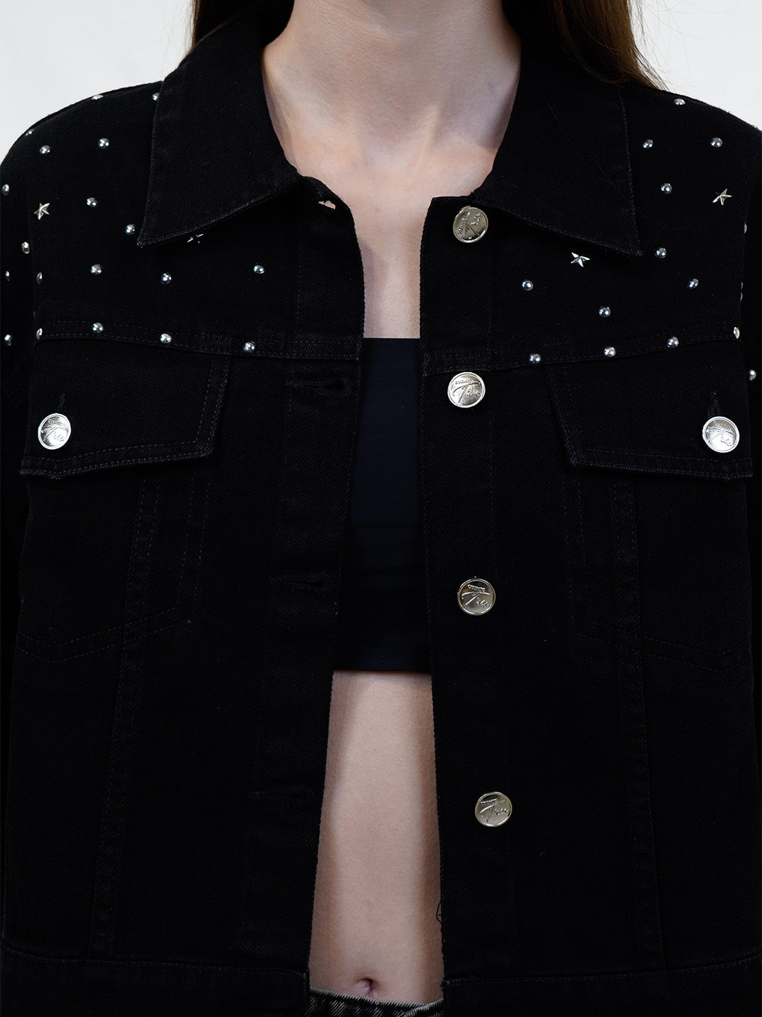 Black Denim Studded Trucker Jacket - Cosmic Trio