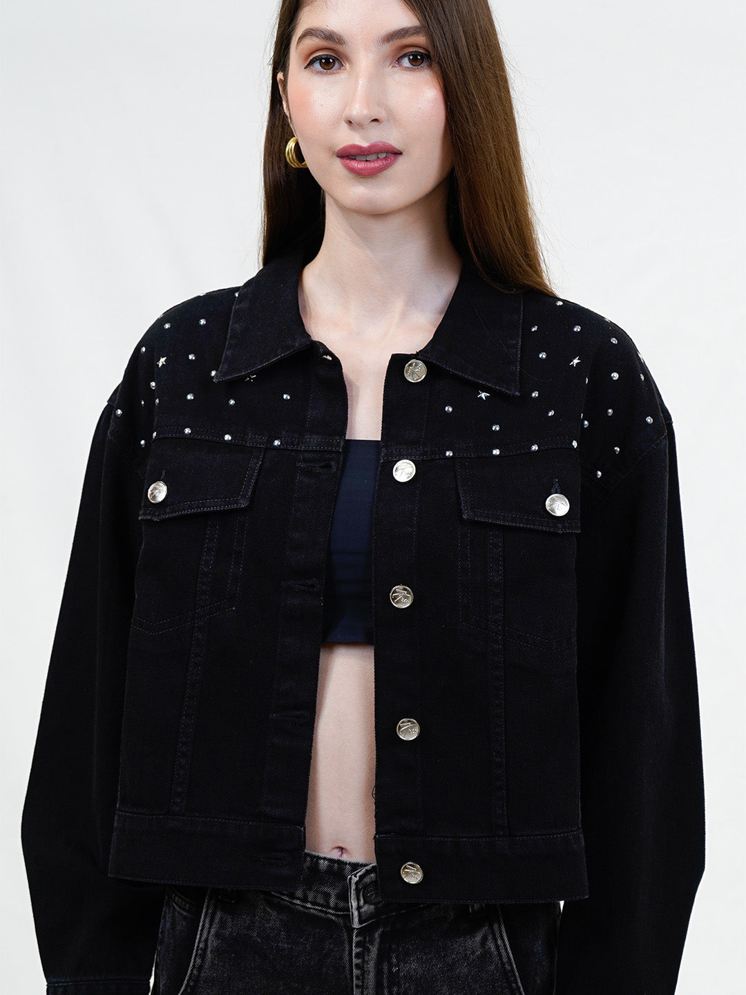 Black Denim Studded Trucker Jacket - Cosmic Trio