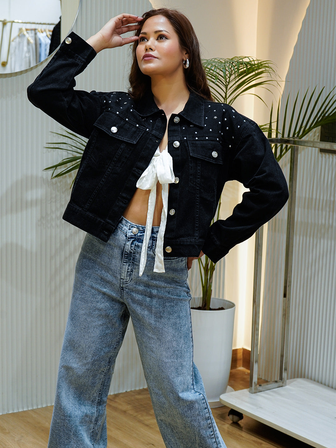 Black Denim Studded Trucker Jacket - Cosmic Trio