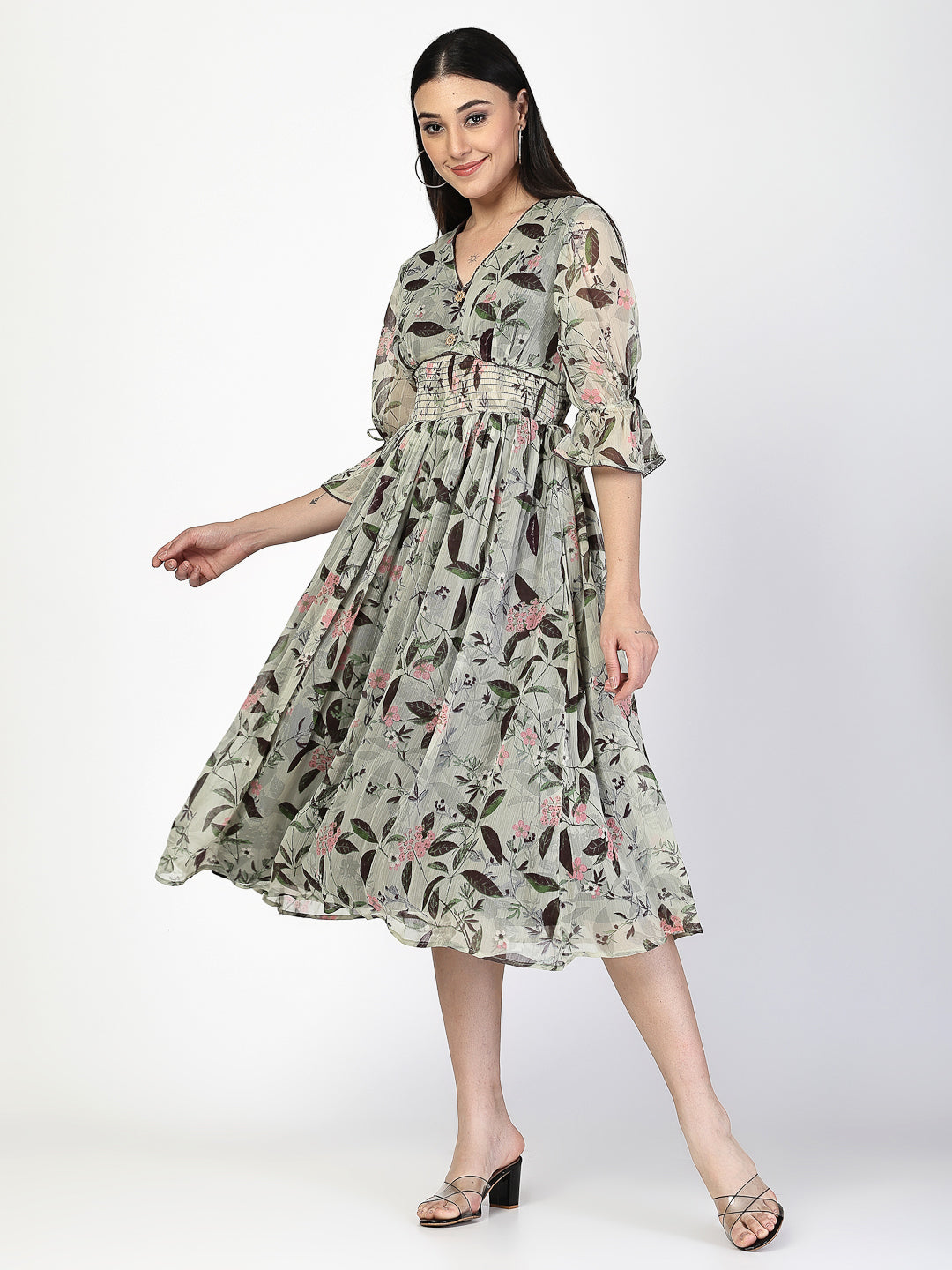 Floral Printed Flared Dress - Cosmic Trio