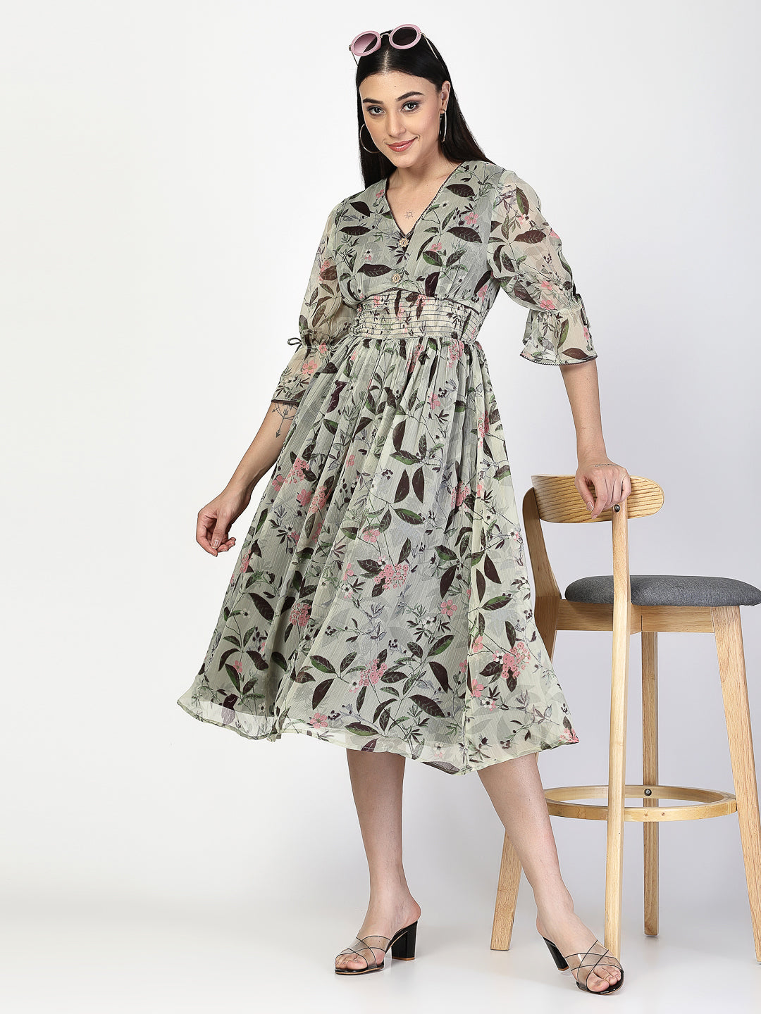 Floral Printed Flared Dress - Cosmic Trio