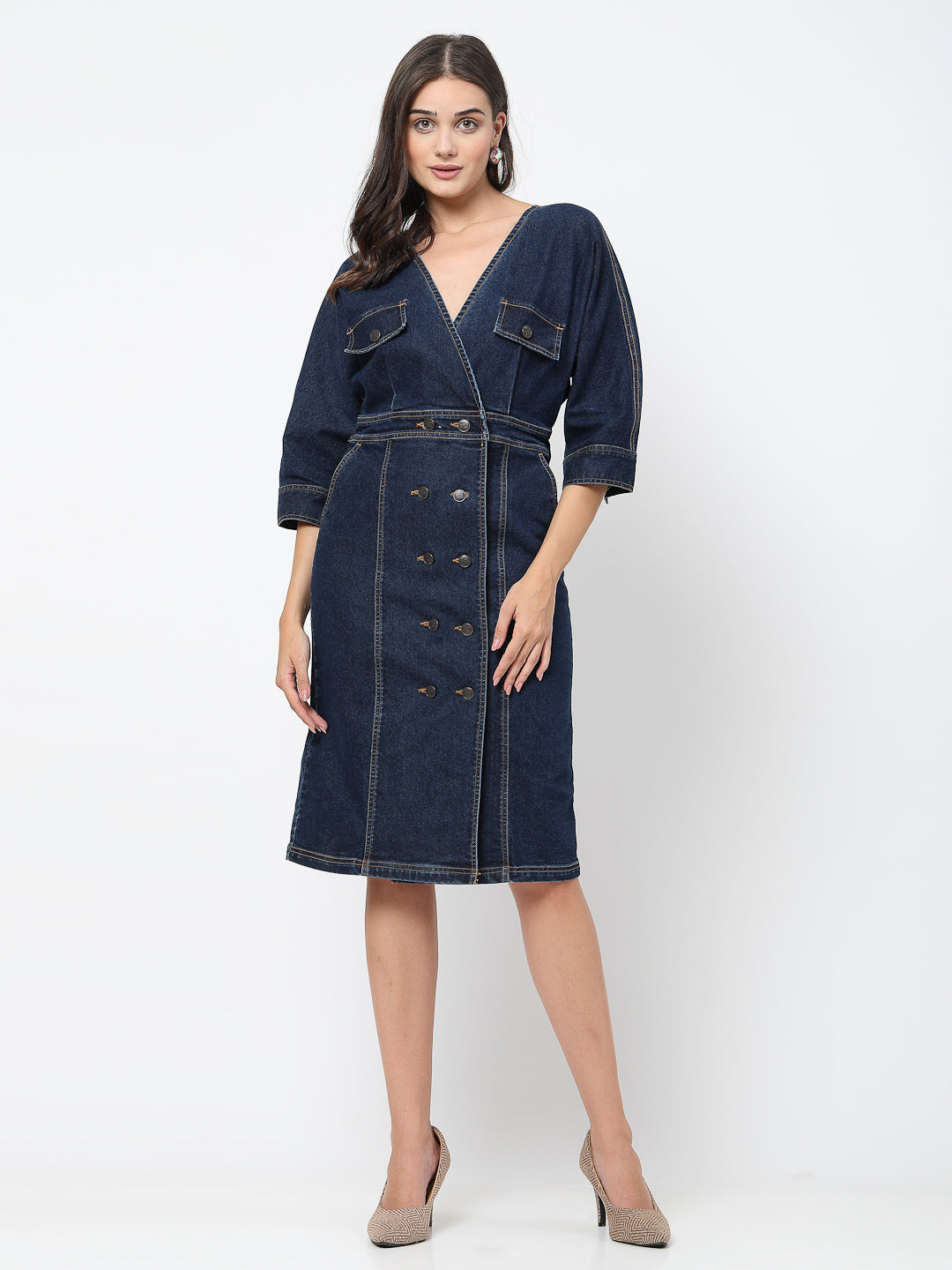 A line Denim Dress with Flap Pockets