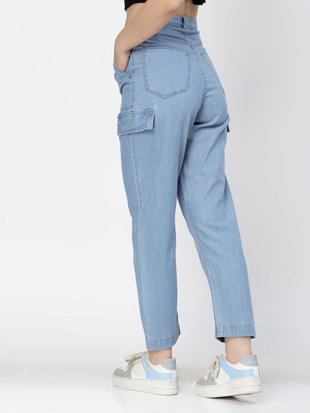 Mid Indigo High-Rise Cargo Jeans for Women