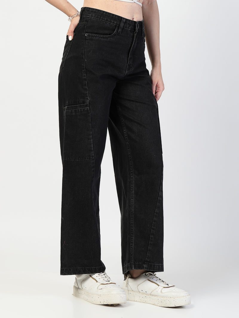 Black Denim Cargo Jeans for Women – Straight Fit Smart Casual Wear
