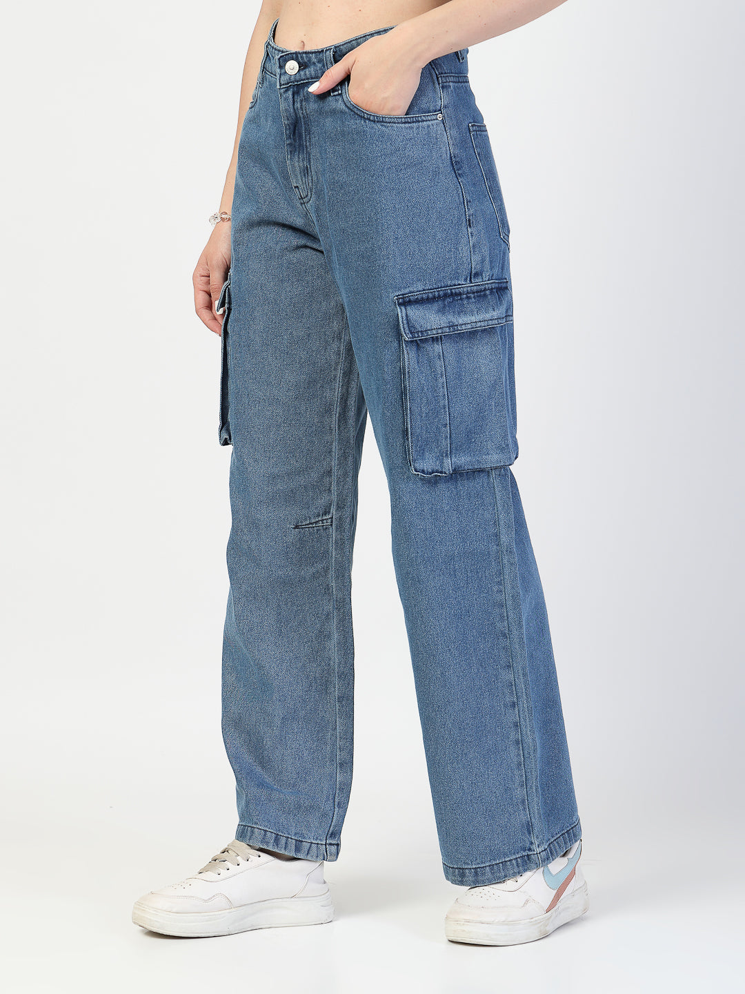 Light Indigo Regular Fit Cargo Denim Jeans Women