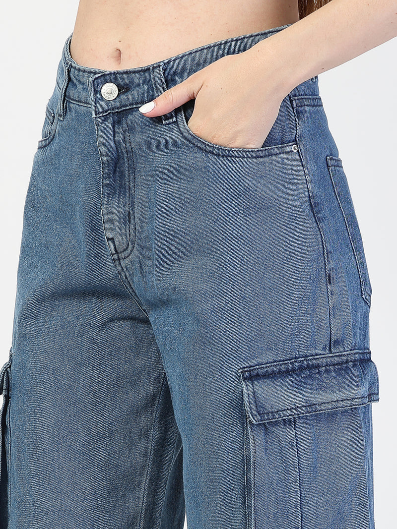 Light Indigo Relaxed Straight Loose Fit Cargo Trauser - Cosmic Trio