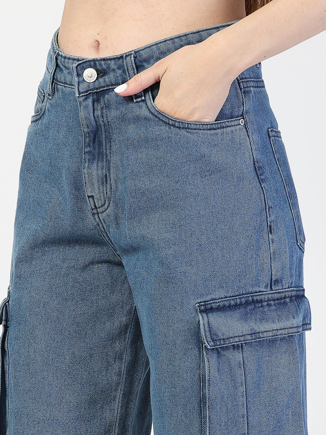 Light Indigo Regular Fit Cargo Denim Jeans Women