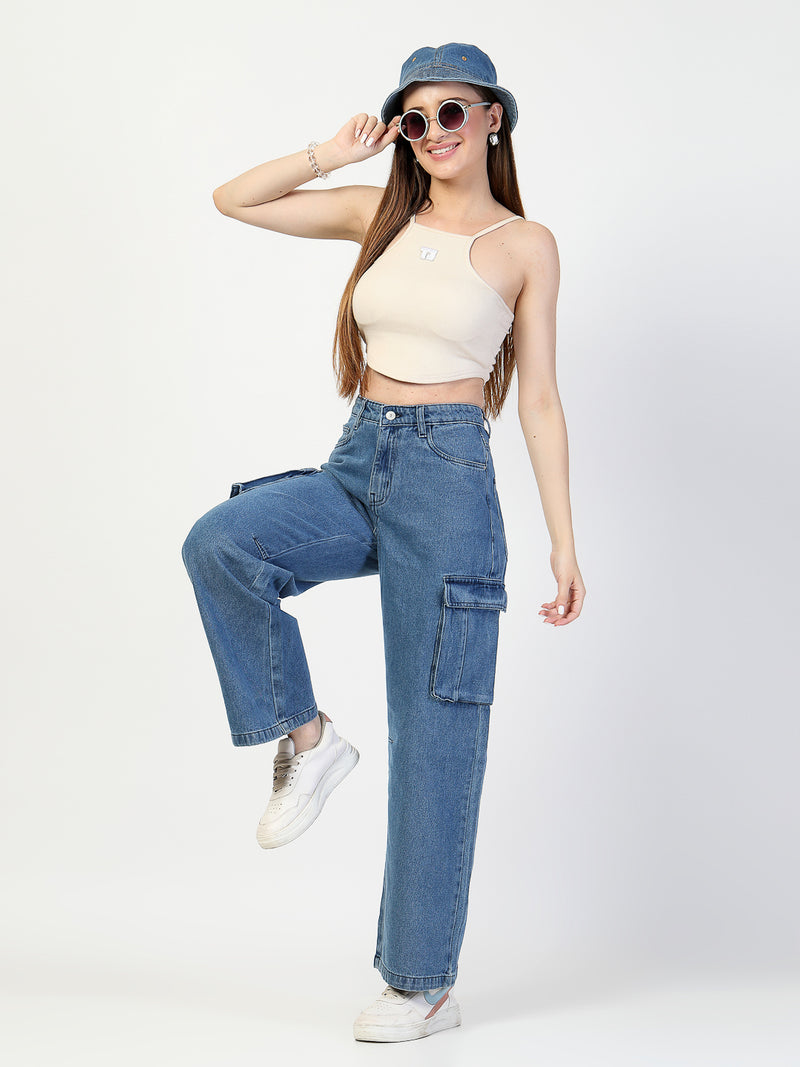 Light Indigo Relaxed Straight Loose Fit Cargo Trauser - Cosmic Trio