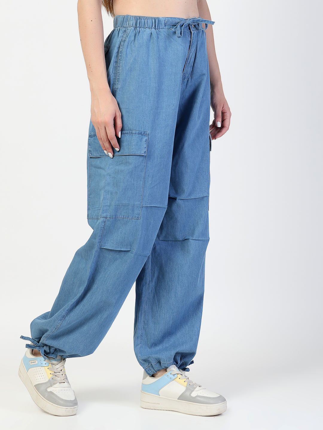 Light Blue Regular Fit Cargo Denim Jeans Women