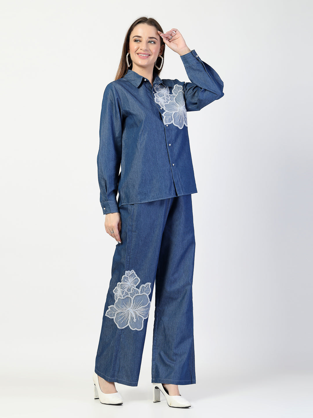 Blue Denim Embroidered Co-Ord Set - Cosmic Trio