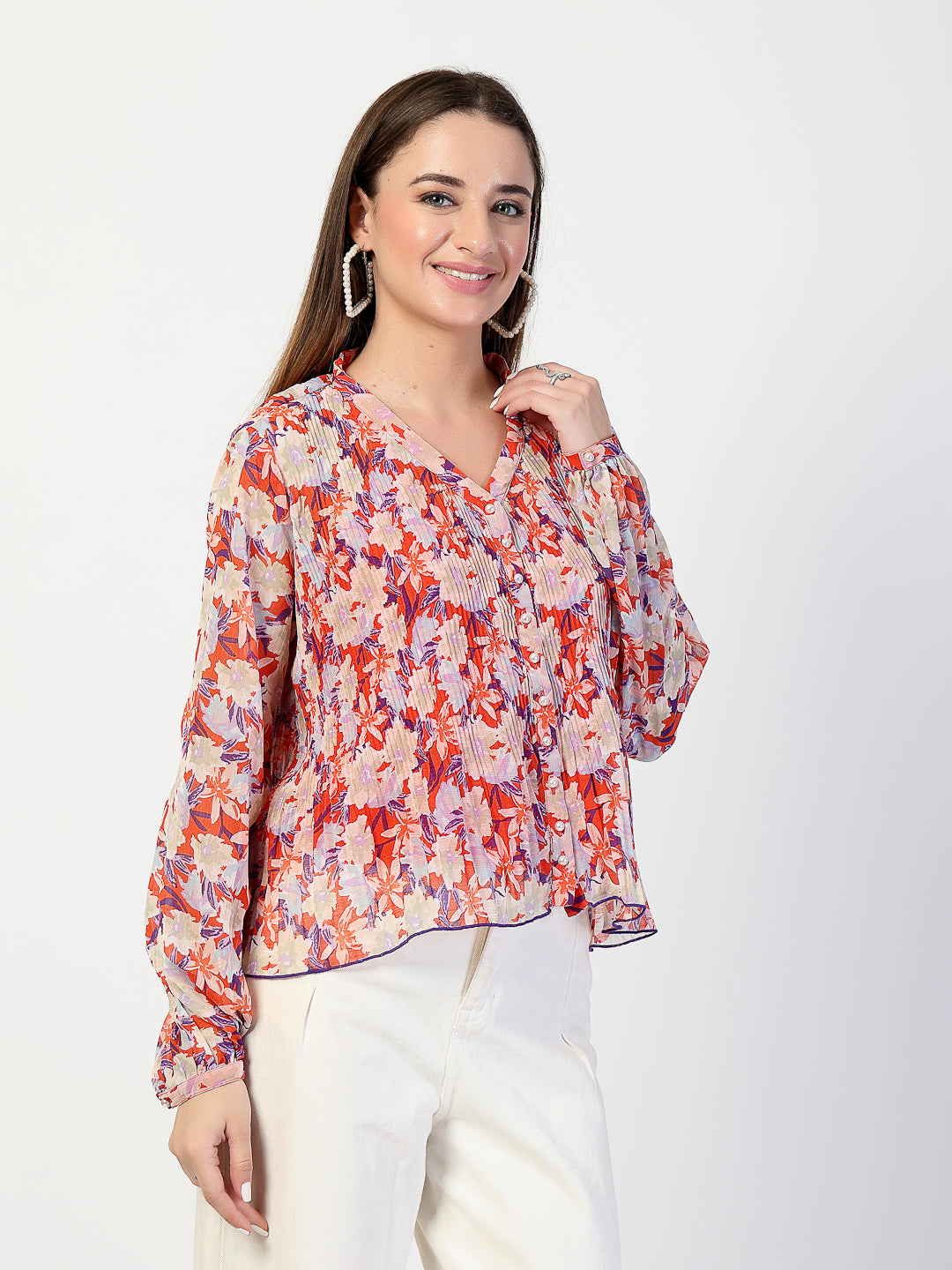 Printed Bishop Sleeves Chiffon Pleated Top