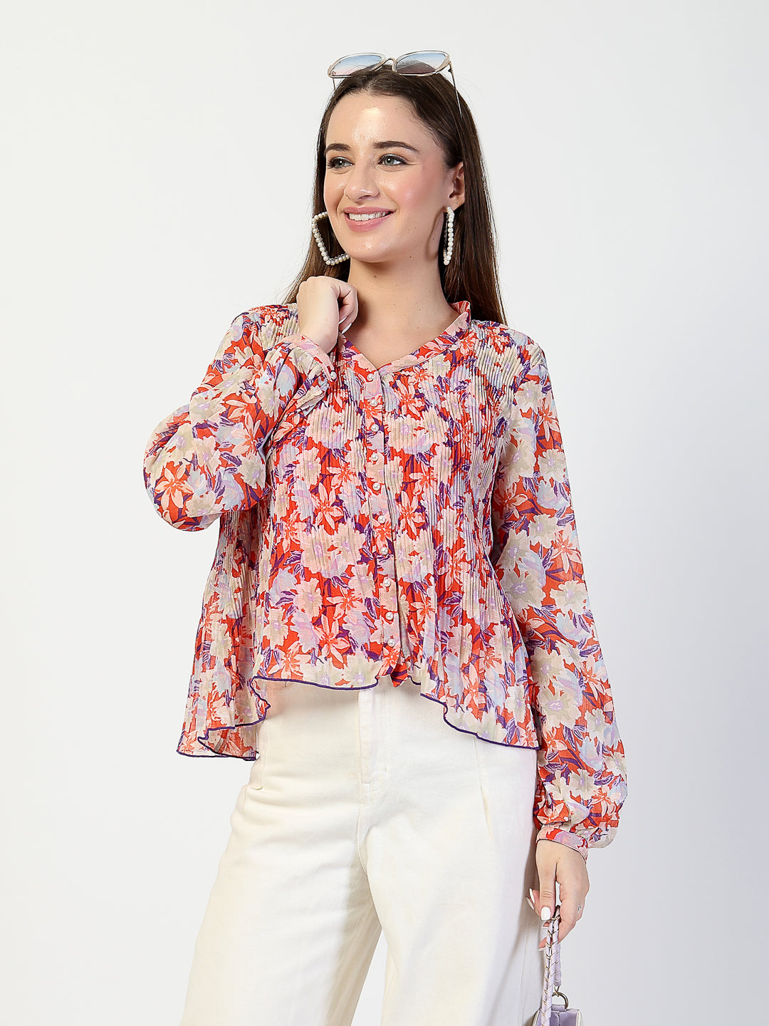 Printed Bishop Sleeves Chiffon Pleated Top