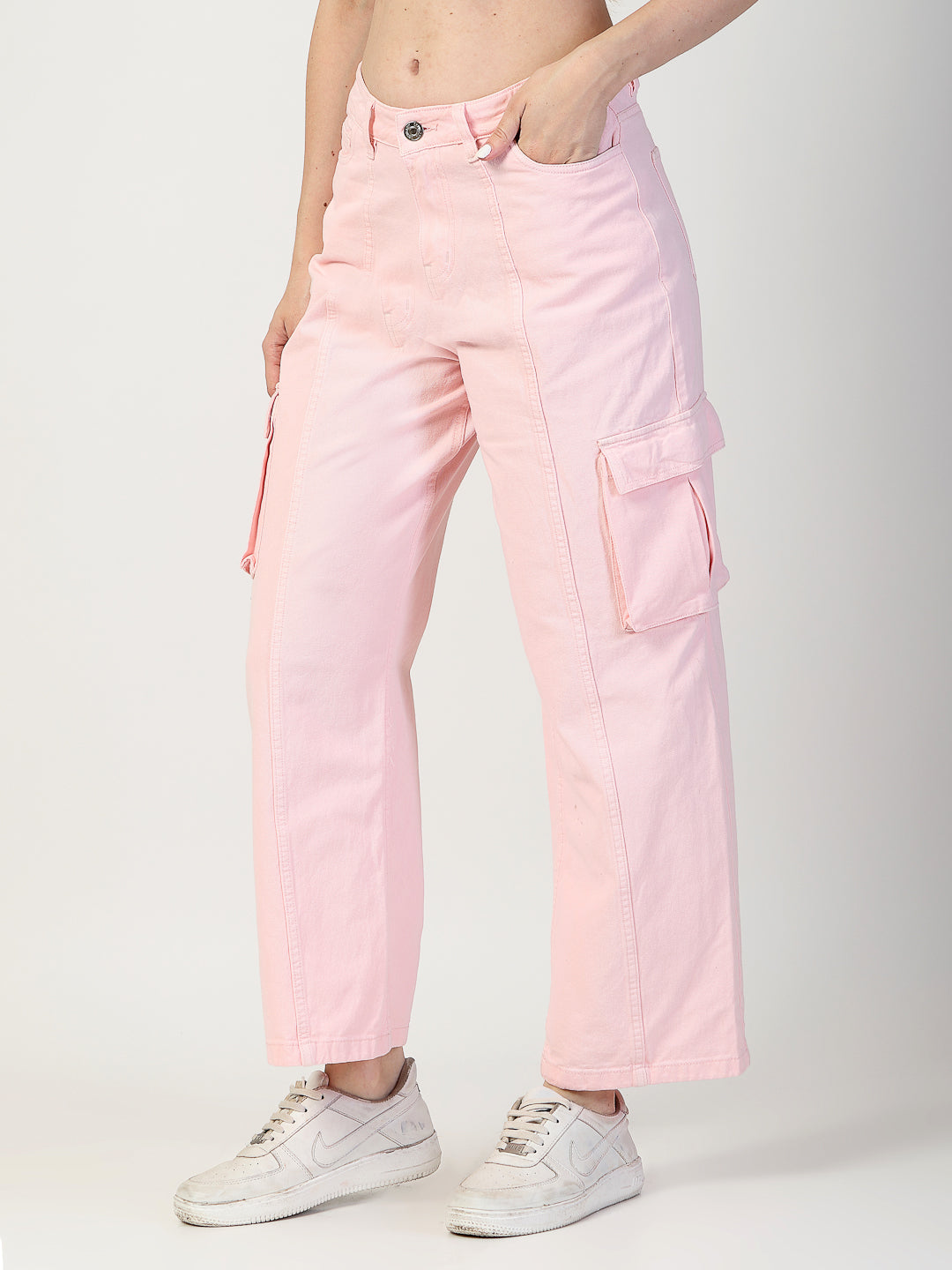 Solid Cotton Relaxed Straight Leg Loose Fit Cargos Trousers