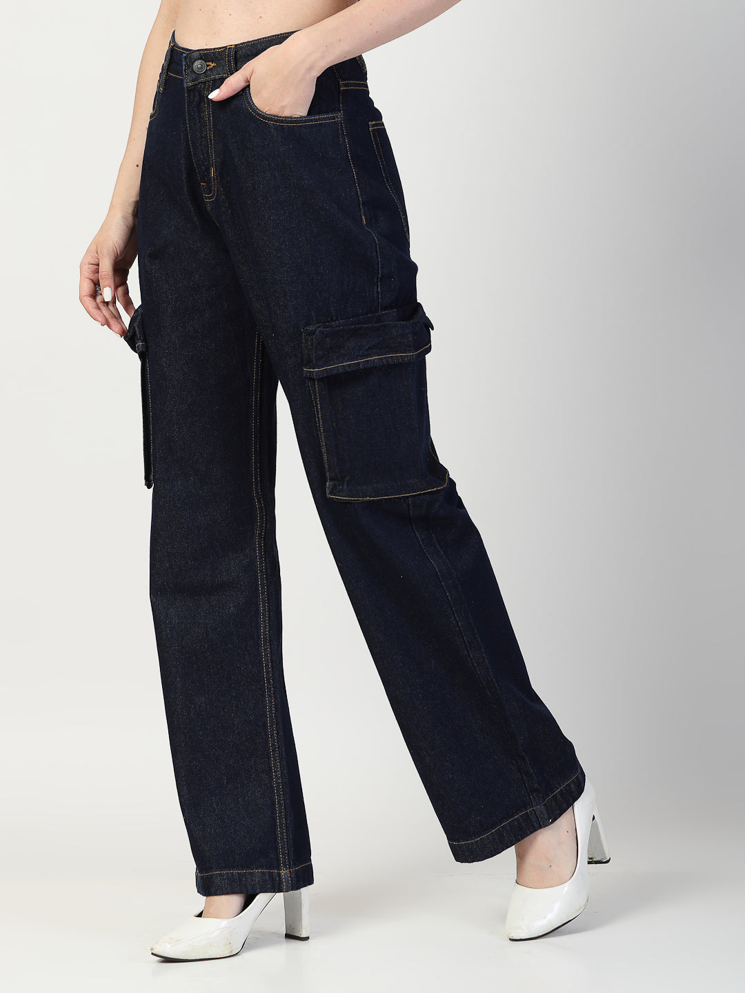 Dark Indigo Regular Fit Cargo Denim Jeans Women