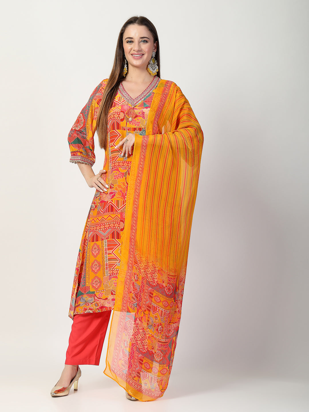 Vibrant Yellow Printed Kurta Trouser Set with Dupatta - Cosmic Trio