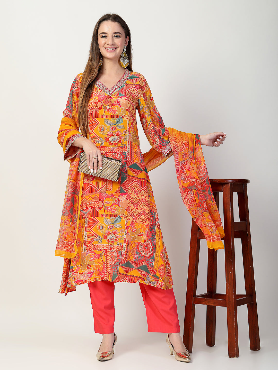 Vibrant Yellow Printed Kurta Trouser Set with Dupatta - Cosmic Trio