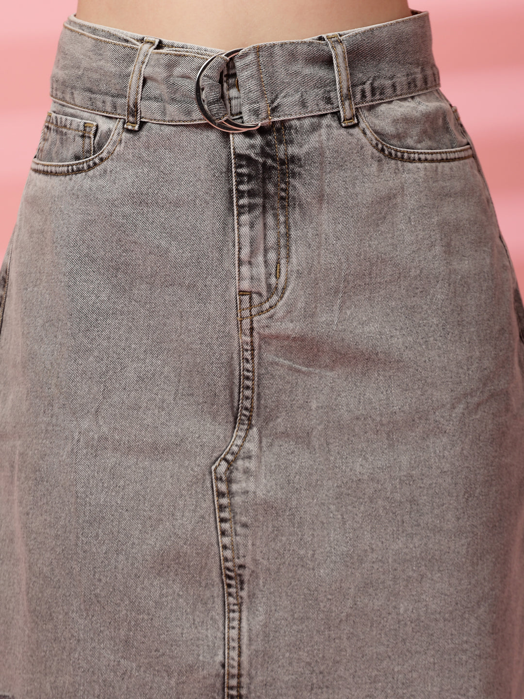 Belted Grey Denim Skirt
