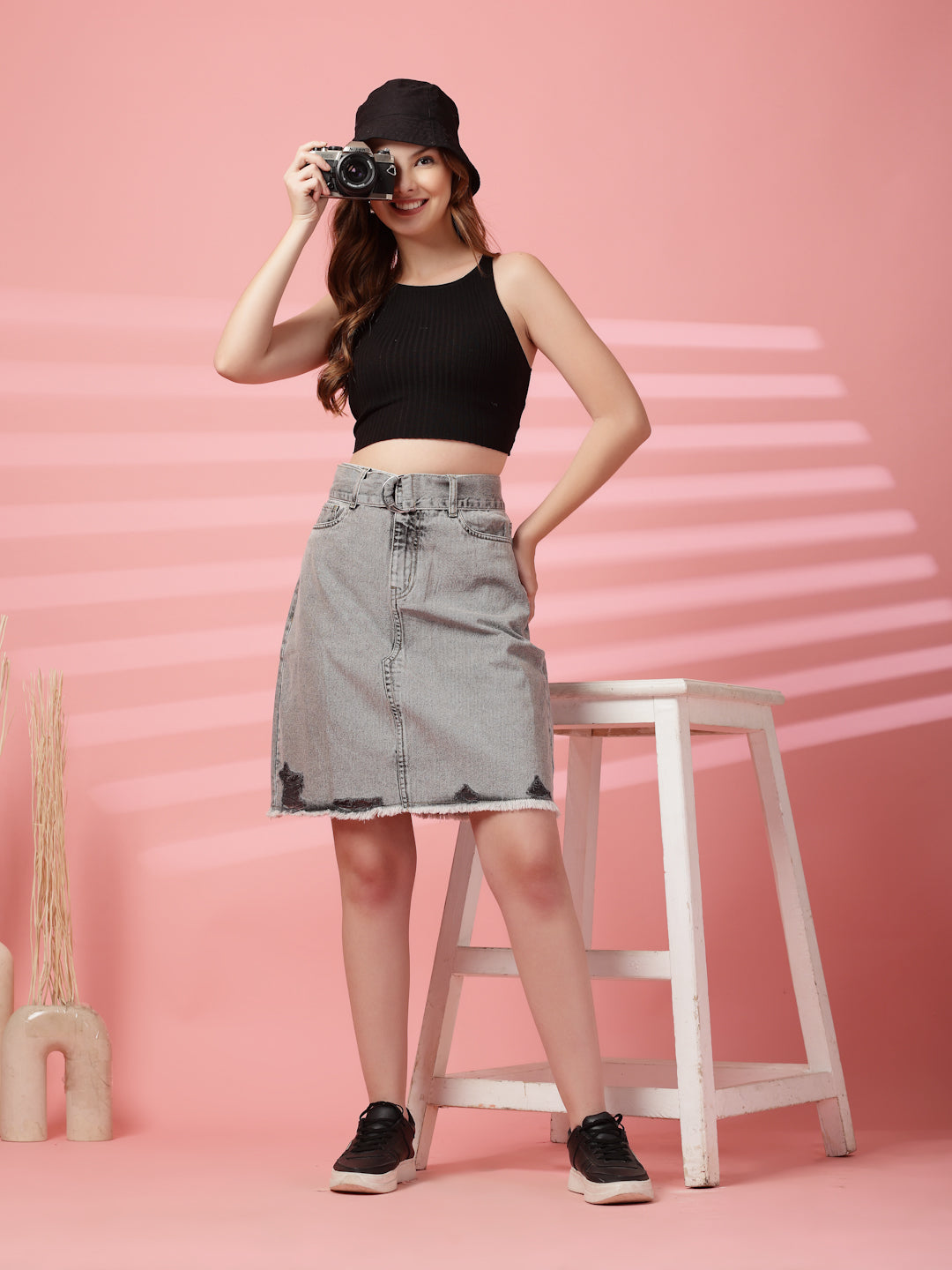 Belted Grey Denim Skirt
