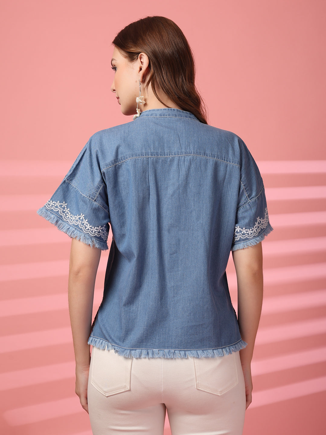 Embroidered Denim Top with Frayed Sleeves
