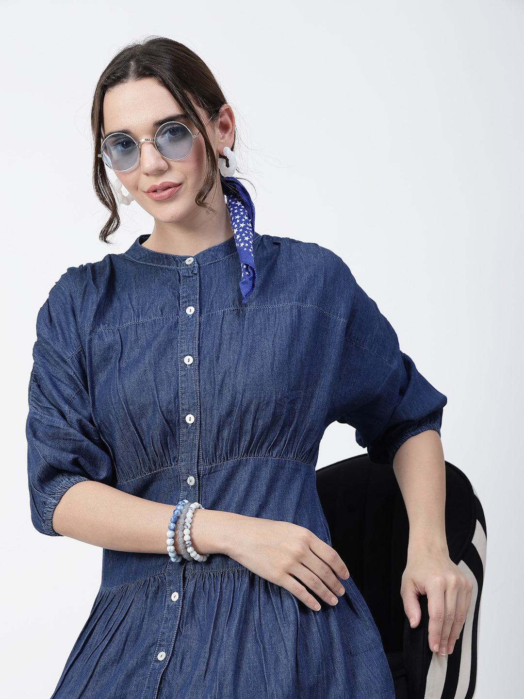 Round Neck Blue Denim Mini Dress with  Short Puffed Sleeves