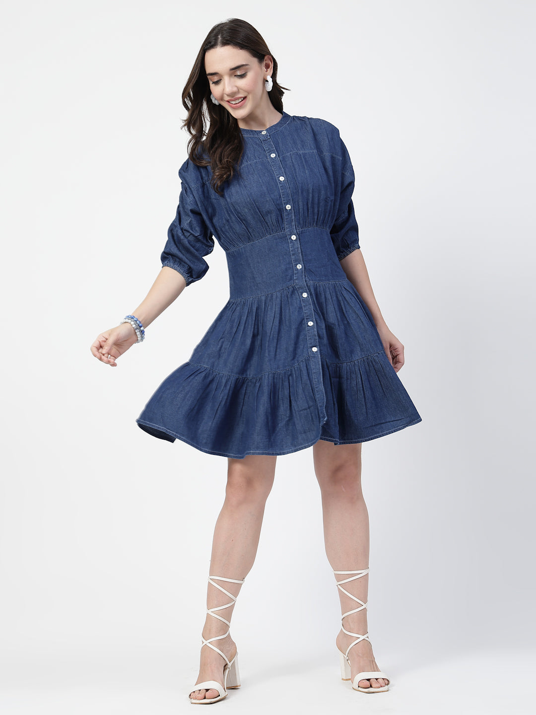Round Neck Blue Denim Mini Dress with  Short Puffed Sleeves
