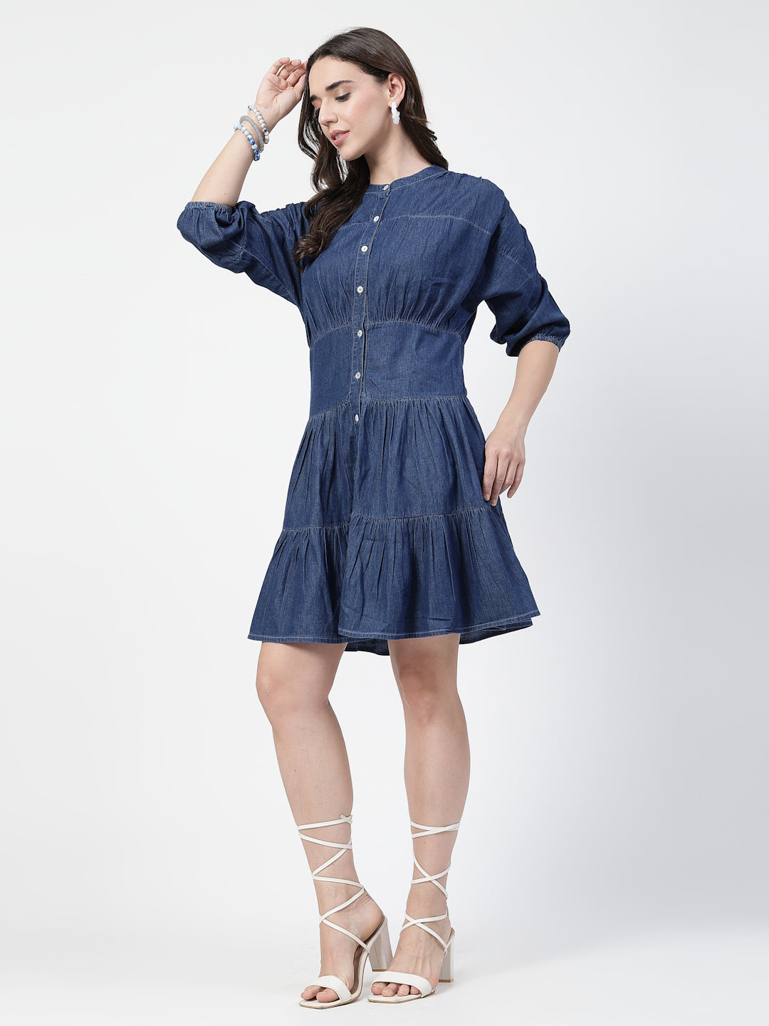 Round Neck Blue Denim Mini Dress with  Short Puffed Sleeves
