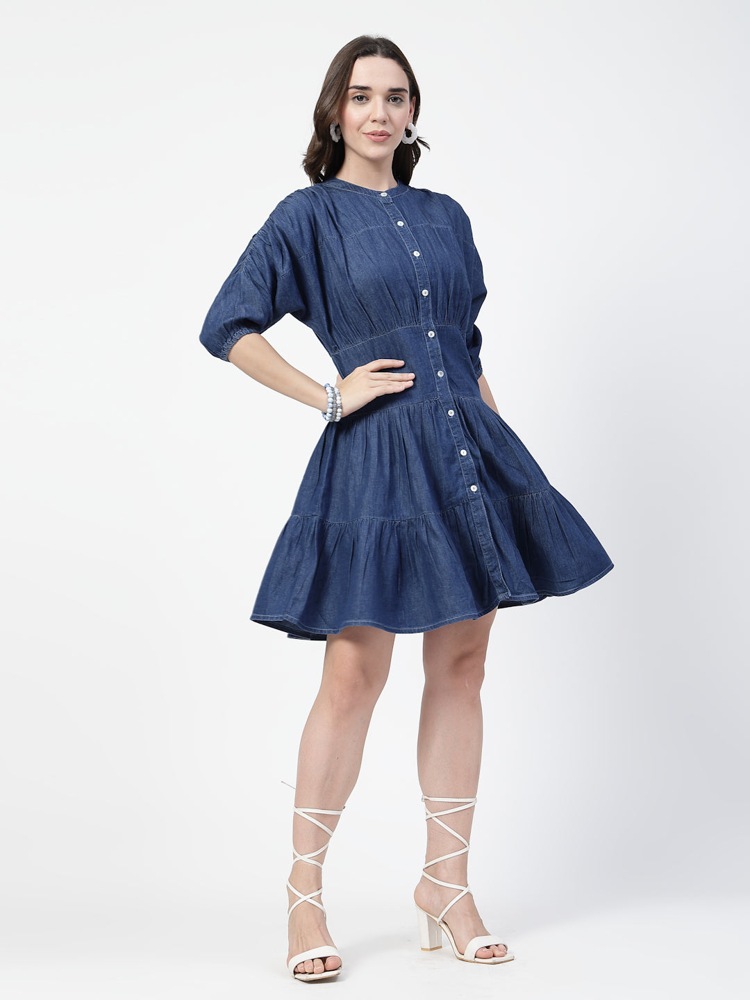 Round Neck Blue Denim Mini Dress with  Short Puffed Sleeves