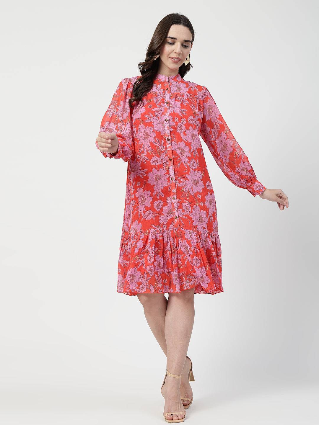 Red Floral Printed Fit & Flare Midi Dress