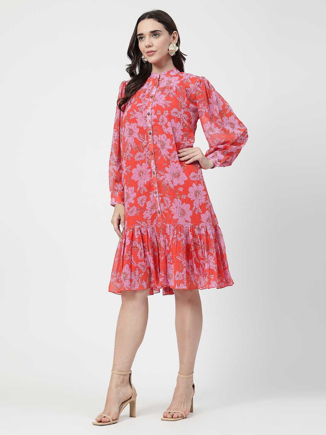 Red Floral Printed Fit & Flare Midi Dress