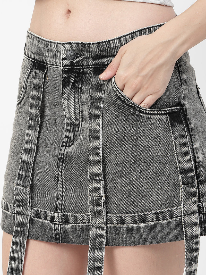 Black Cotton Denim Mini Skirt