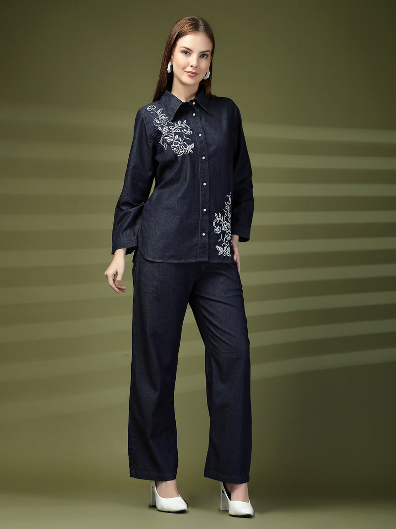 Indigo Embroidered Denim Co-Ord Set