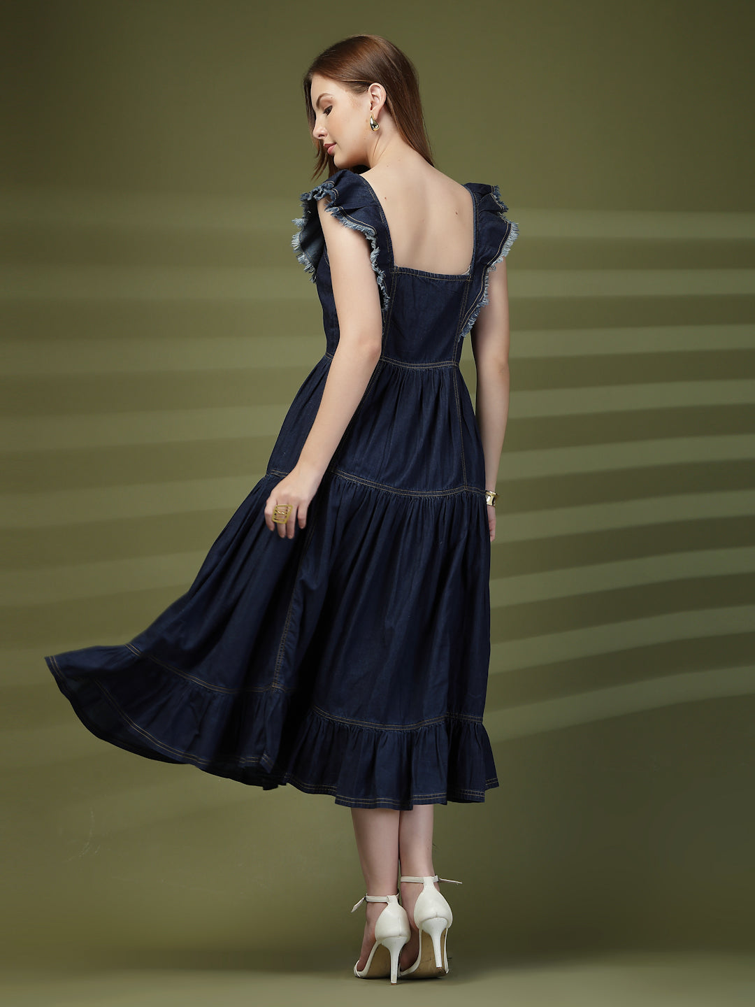 Tiered Denim Casual Midi Dress