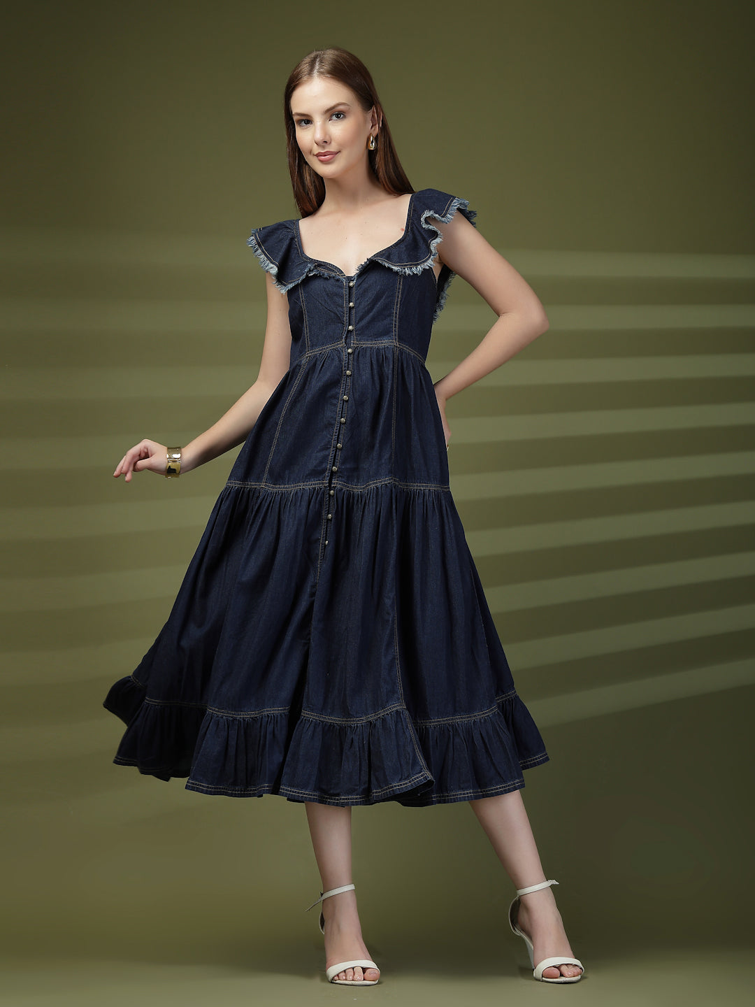 Tiered Denim Casual Midi Dress