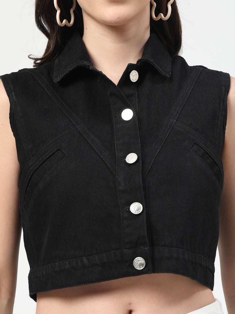 Black Washed Lightweight Cropped Sleeveless Denim Jacket - Cosmic Trio