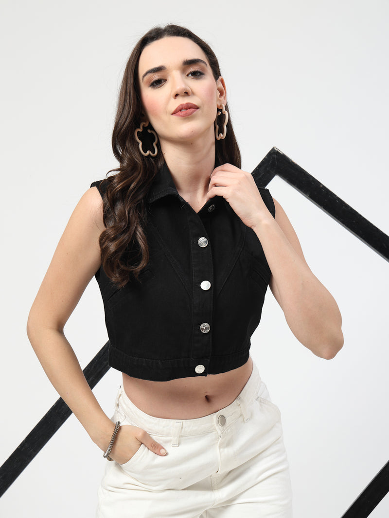 Black Washed Lightweight Cropped Sleeveless Denim Jacket - Cosmic Trio