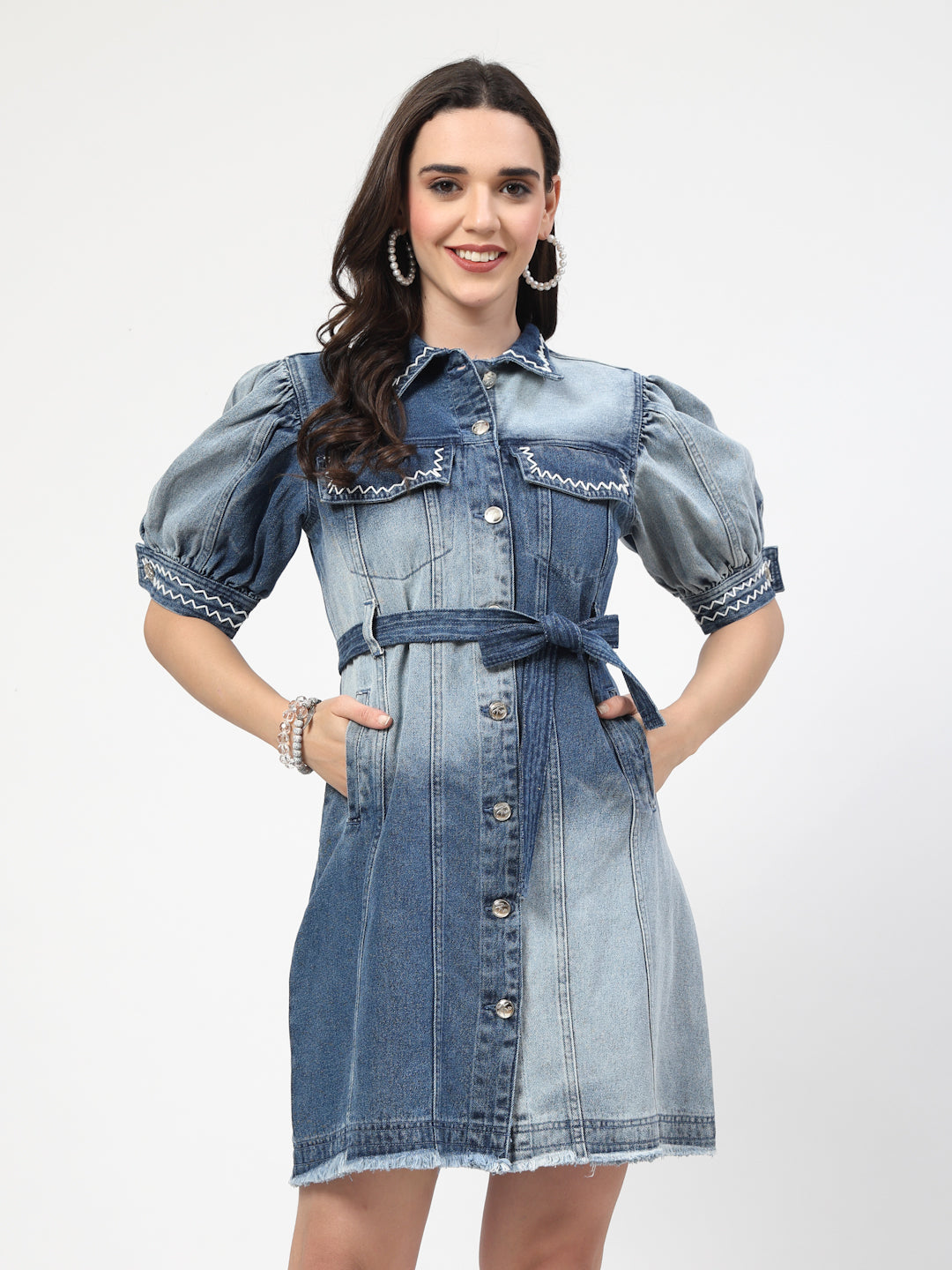 Blue Ombre Solid Shirt Dress With Handwork