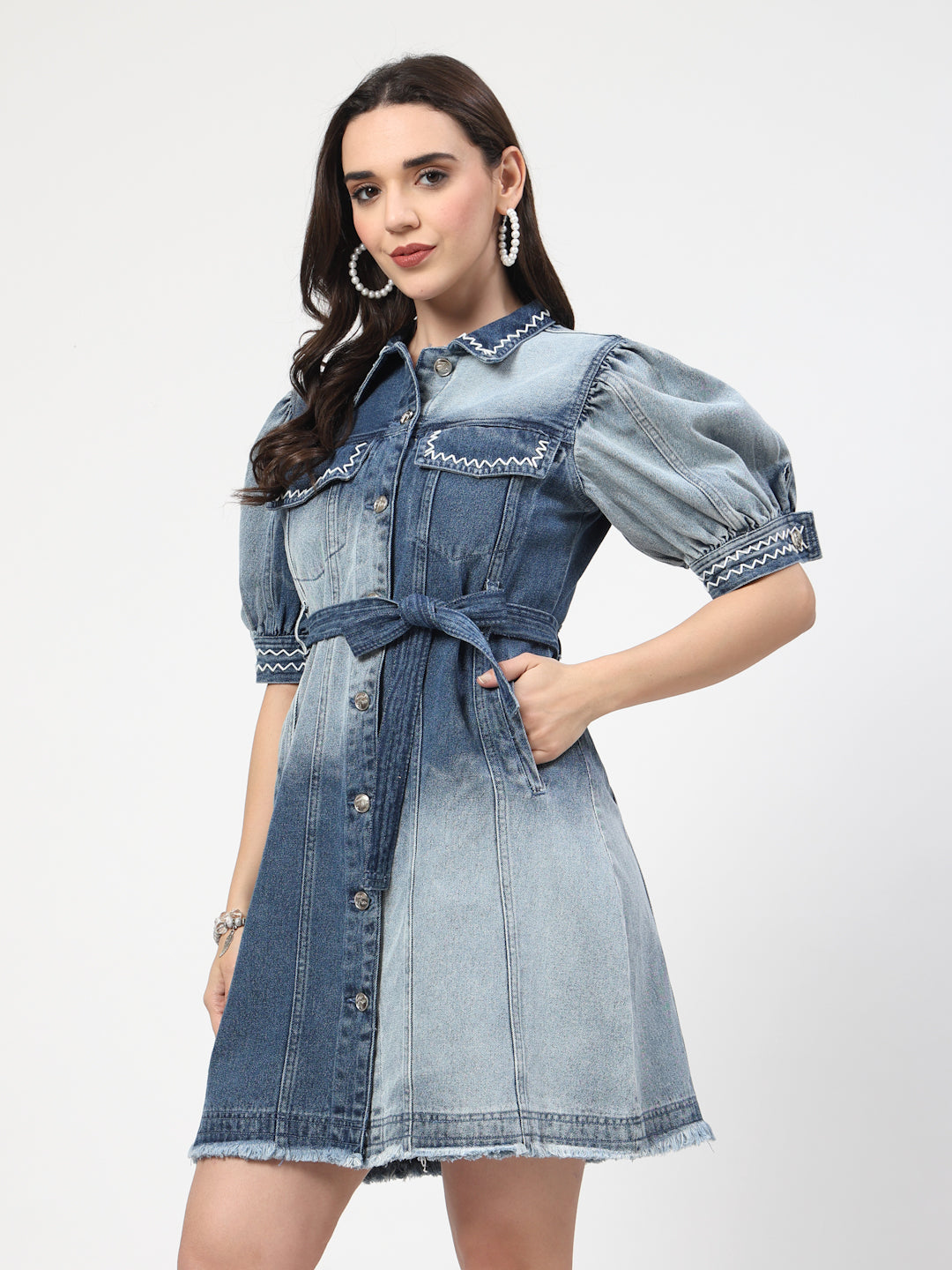 Blue Ombre Solid Shirt Dress With Handwork