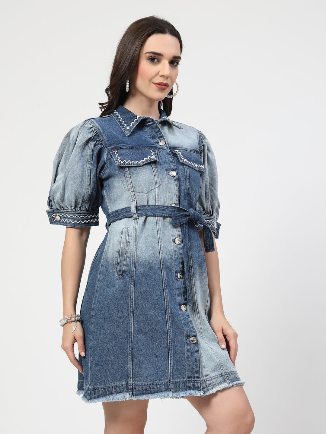 Blue Ombre Solid Shirt Dress With Handwork