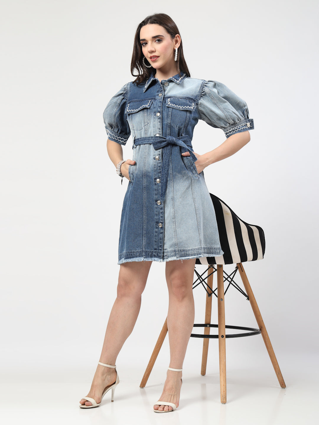 Blue Ombre Solid Shirt Dress With Handwork