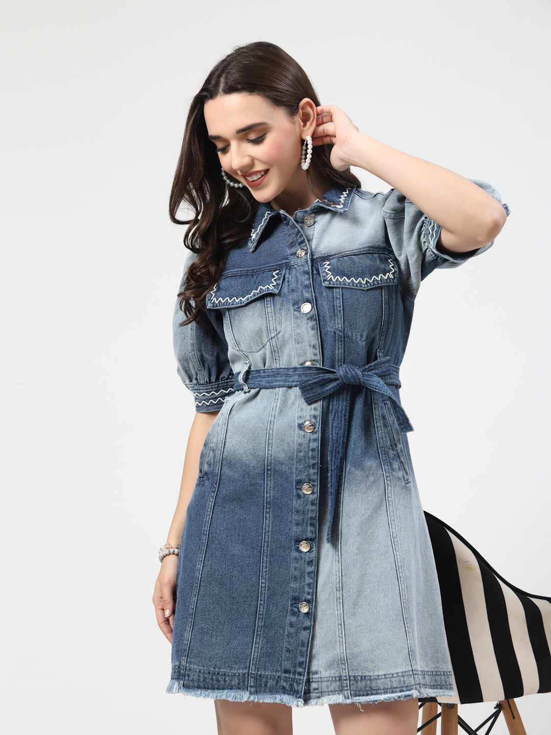 Blue Ombre Solid Shirt Dress With Handwork