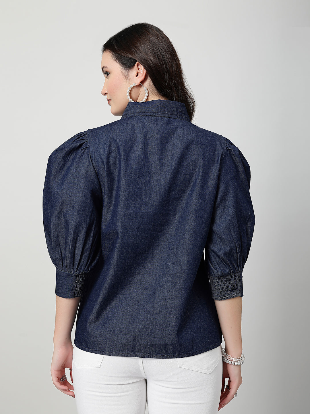 Blue Embroidered Denim Shirt With Cuff Sleeves