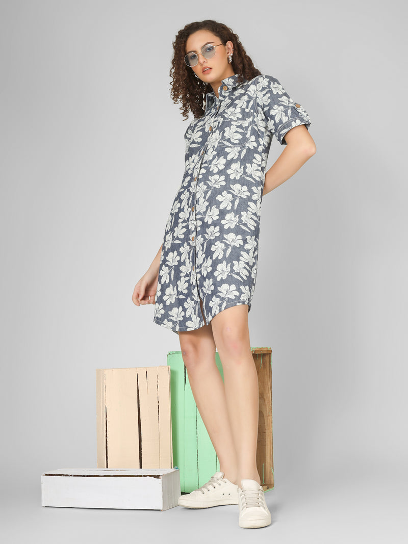 Navy Blue Floral Print Denim Shirt Dress Women