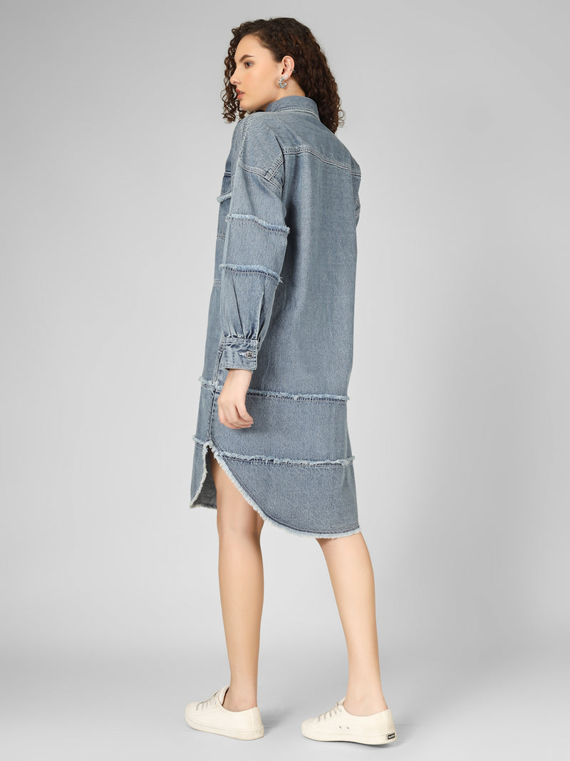 Patchwork Denim Fringed Shirt Dress Women