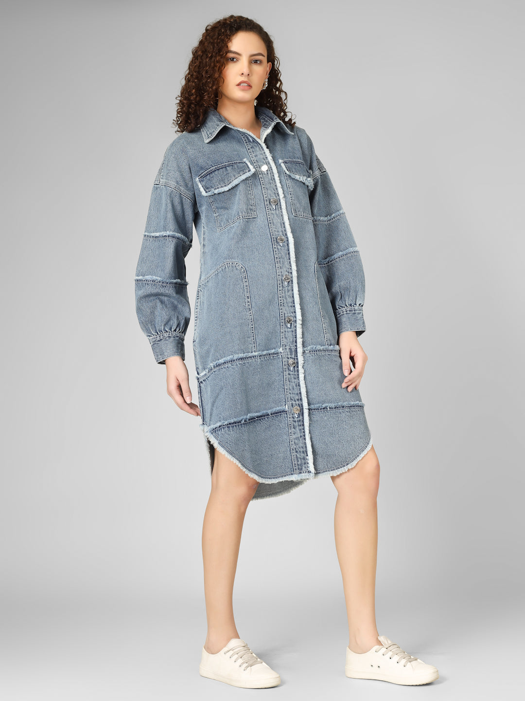 Patchwork Denim Fringed Shirt Dress